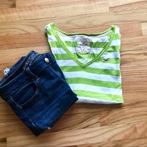 Hollister Green & White Striped V-Neck Shirt - XS
